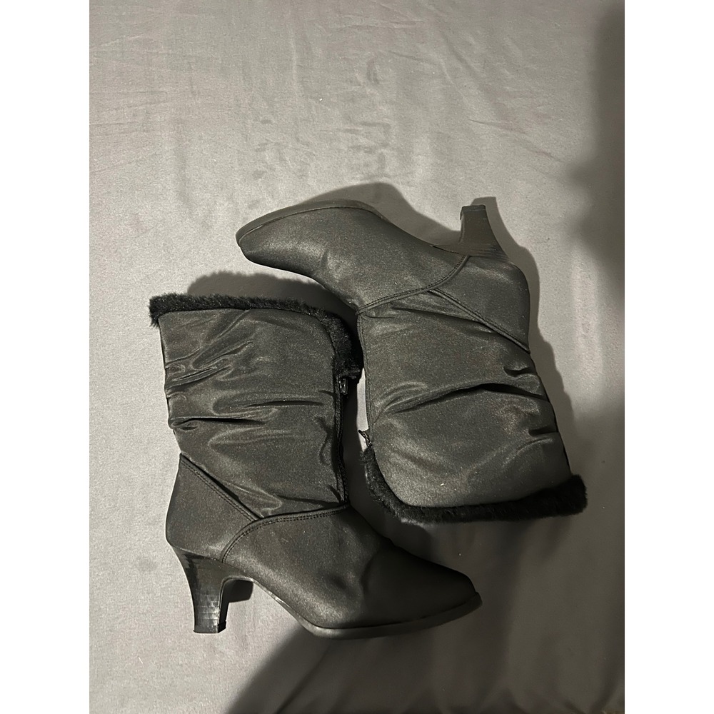 Hush Puppies Womens Black Faux Fur Trim Ruched Mid Calf Kitten‎ Heel Boots